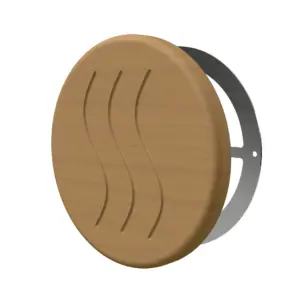 TESLI CIRCULAR THERMO WOOD Sauna Vent Cover D125 with Stainless Steel Mounting Piece - 3D product view on white
