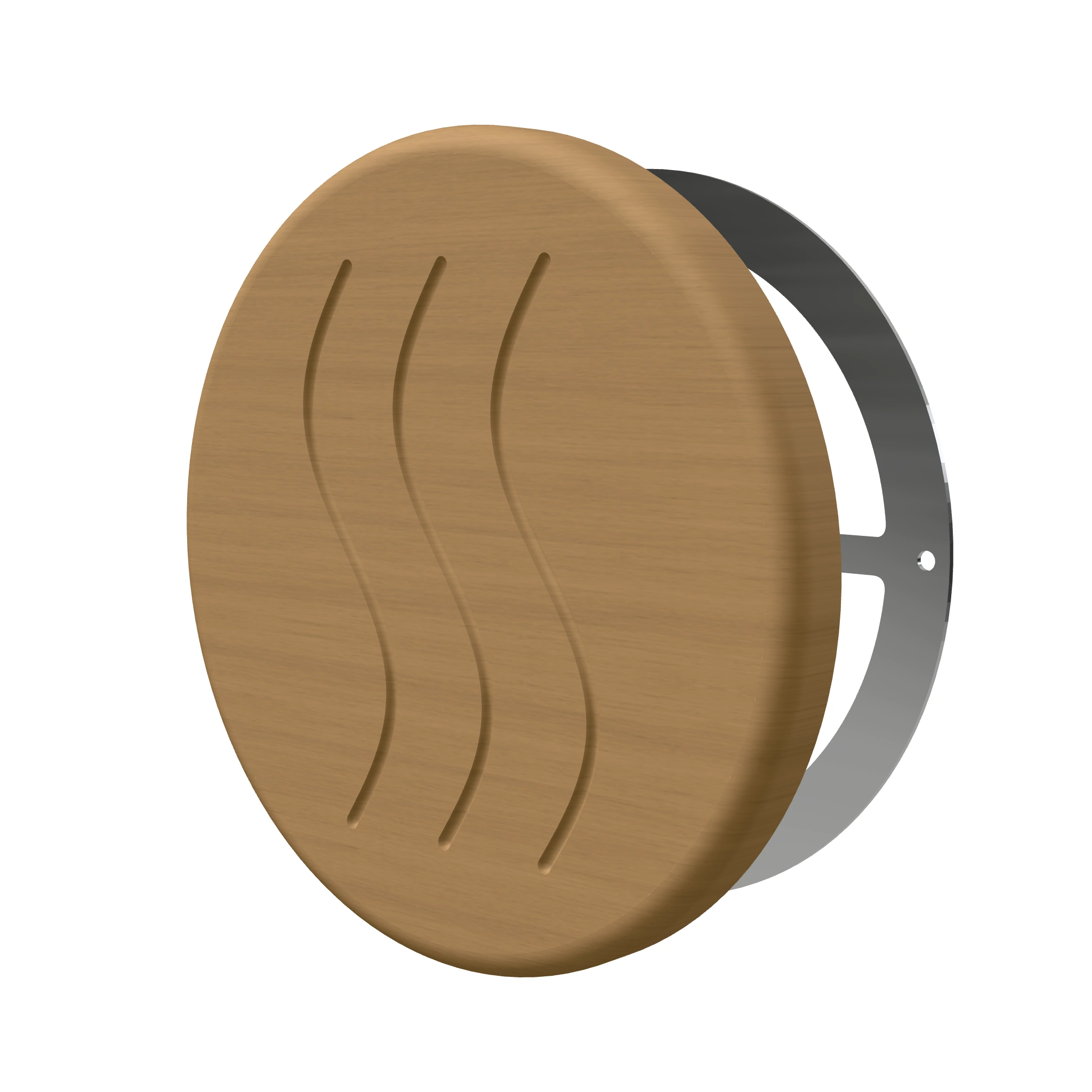 TESLI CIRCULAR THERMO WOOD Sauna Vent Cover D125 with Stainless Steel Mounting Piece - 3D product view on white
